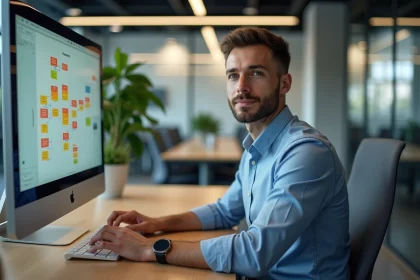 Homme suisse au bureau regardant un moniteur color&eacute;