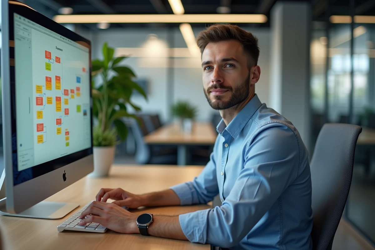Homme suisse au bureau regardant un moniteur coloré