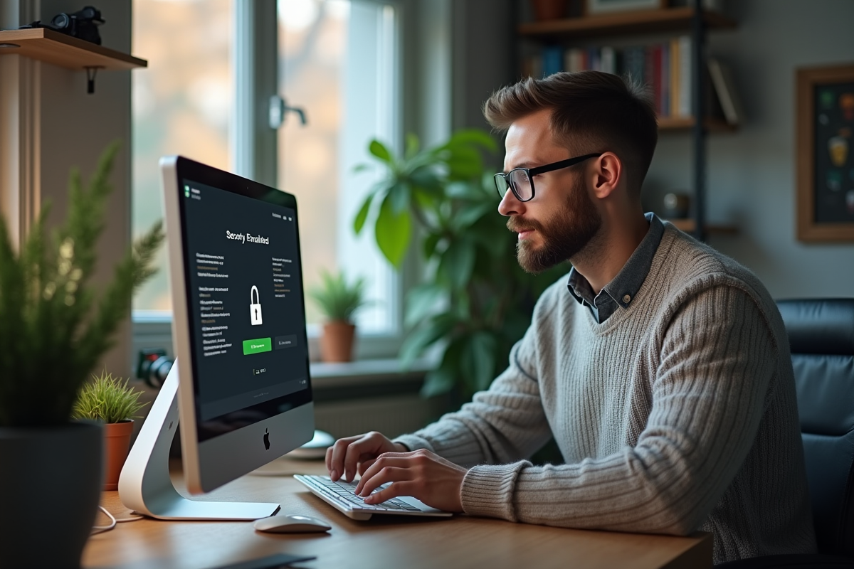 Homme travaillant à domicile avec ordinateur sécurisé