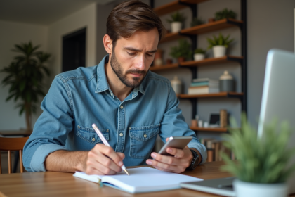 Homme en tenue décontractée travaillant à son bureau à domicile