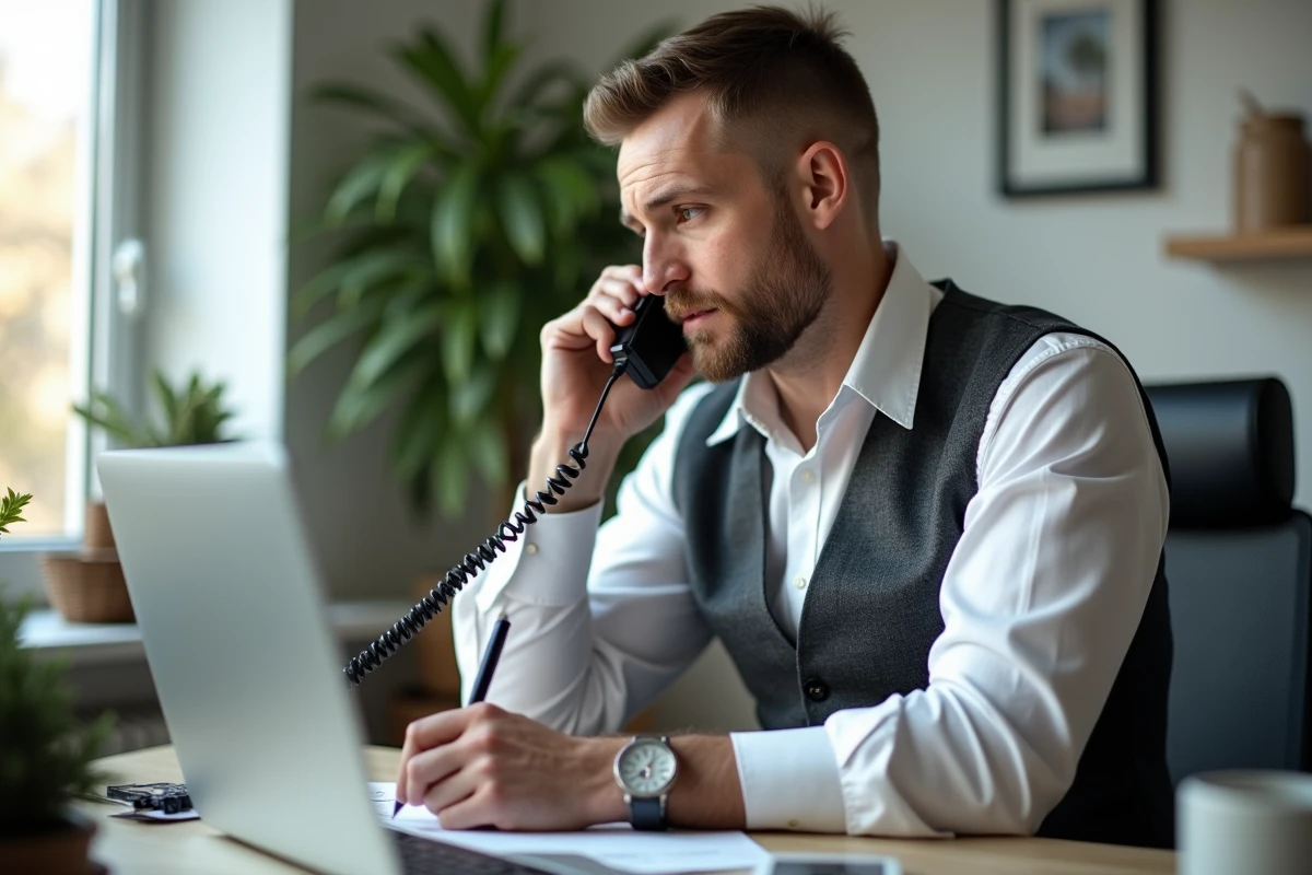 Homme en visioconference dans son bureau &agrave; domicile