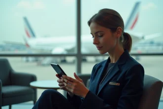 Hôtesse Air France consultant l'intranet de la compagnie sur son smartphone dans un salon d'aéroport moderne