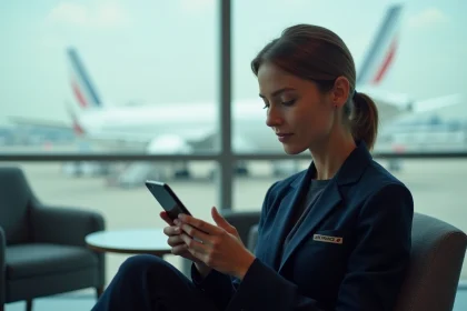 Hôtesse Air France consultant l'intranet de la compagnie sur son smartphone dans un salon d'aéroport moderne