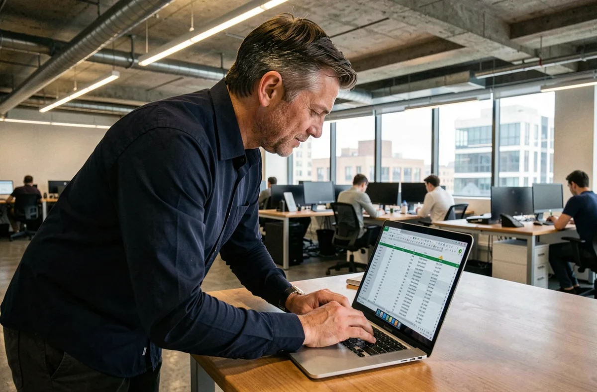Professionnel masculin important des données CSV issues d'un logiciel CRM dans un tableur pour une analyse marketing détaillée