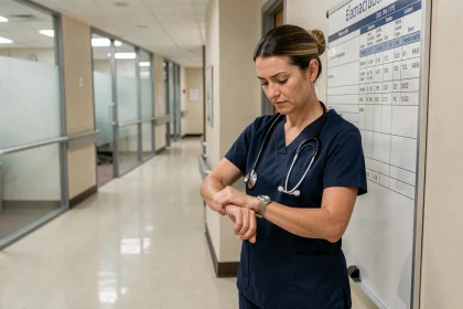 Infirmière en blouse bleue consultant un planning de gardes de 12 heures dans un couloir d'hôpital