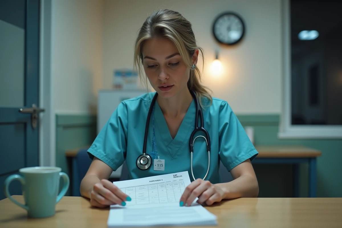 Infirmière en pause nocturne consultant son planning de travail posté en 5x8 dans une salle de repos d'hôpital