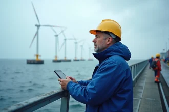 Ingénieur offshore regardant l'horizon avec tablette