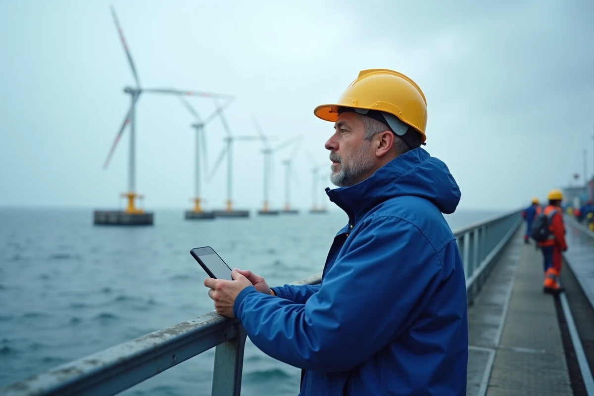 Ingénieur offshore regardant l'horizon avec tablette