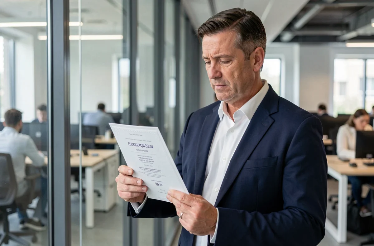 Homme en bureau tenant une invitation imprimée pour un événement professionnel