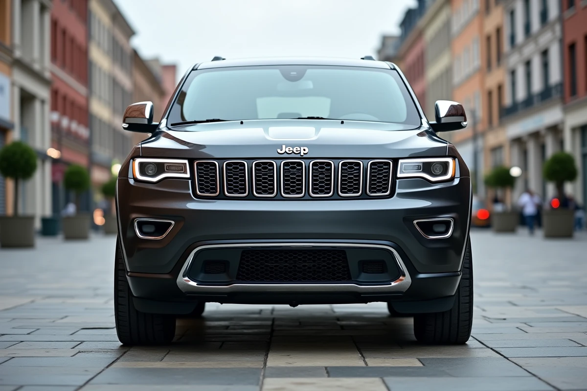 Jeep Grand Cherokee garé sur une place urbaine européenne, vue trois quarts avant, illustration modèle phare Stellantis