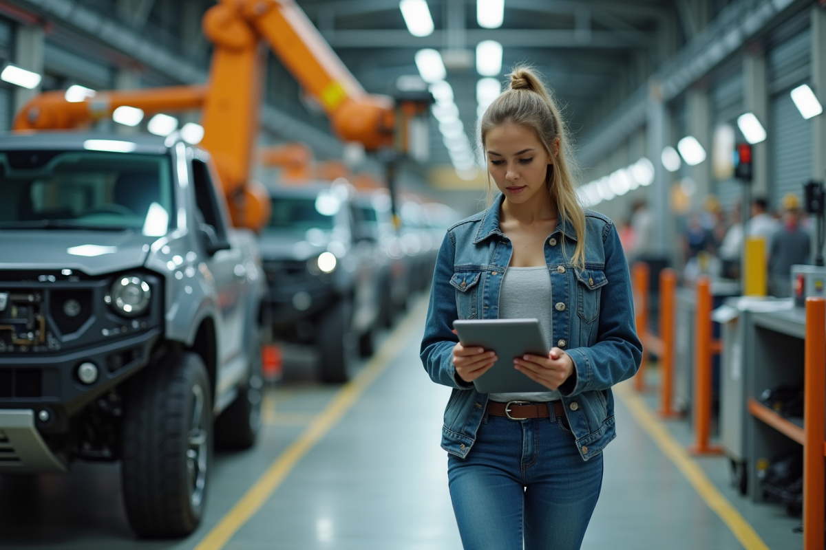 Jeune ingénieure dans une usine automobile avec tablette