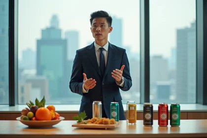 Jeune entrepreneur asiatique en costume dans un bureau moderne &agrave; Tokyo