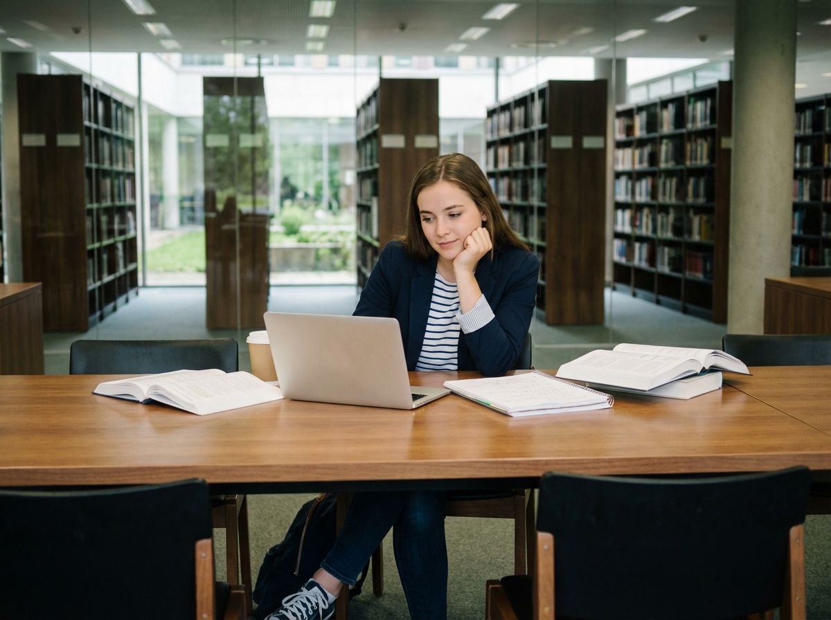 Jeune femme concentrée dans une bibliothèque universitaire moderne