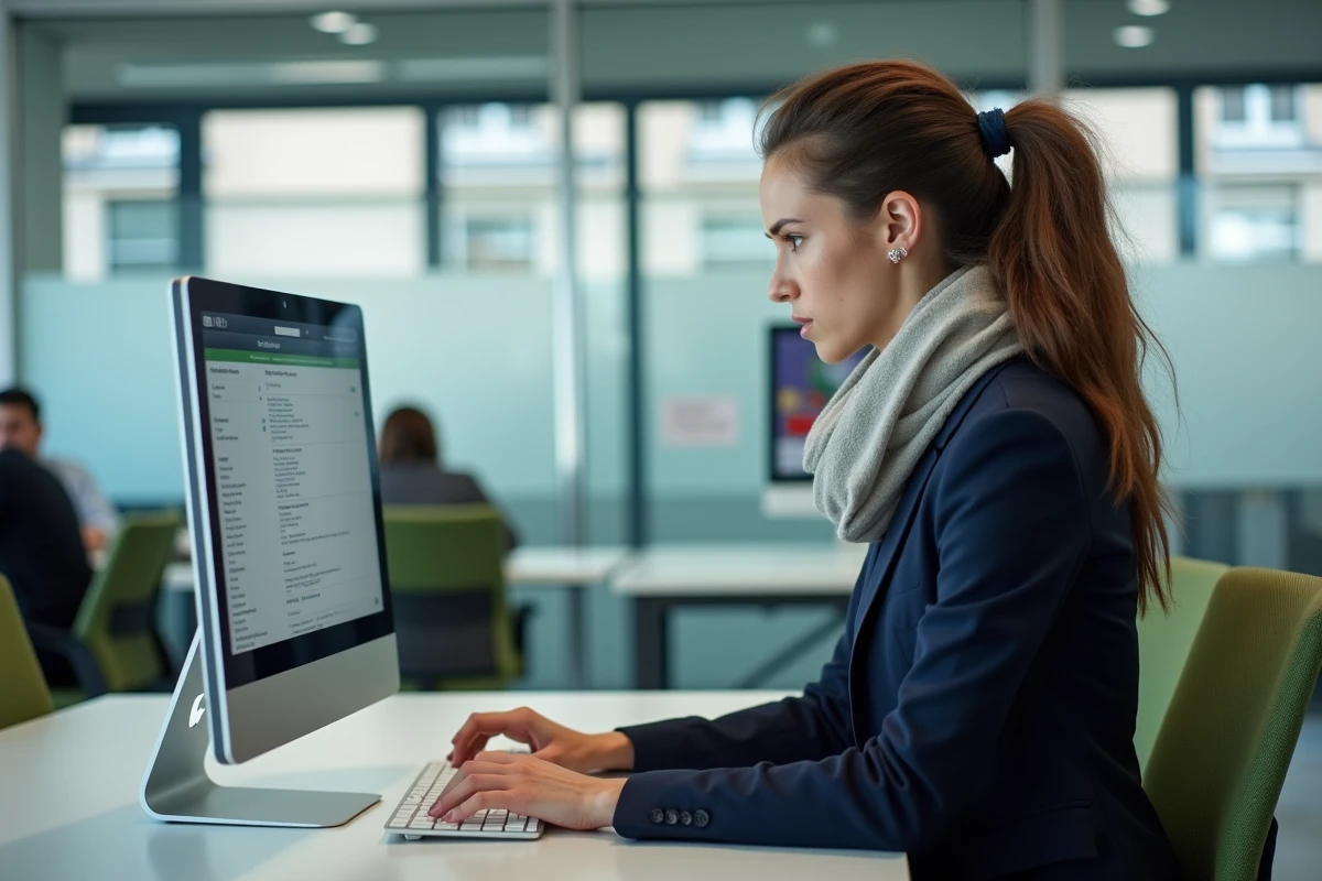 Jeune femme au bureau utilisant Urbanweb sur ordinateur