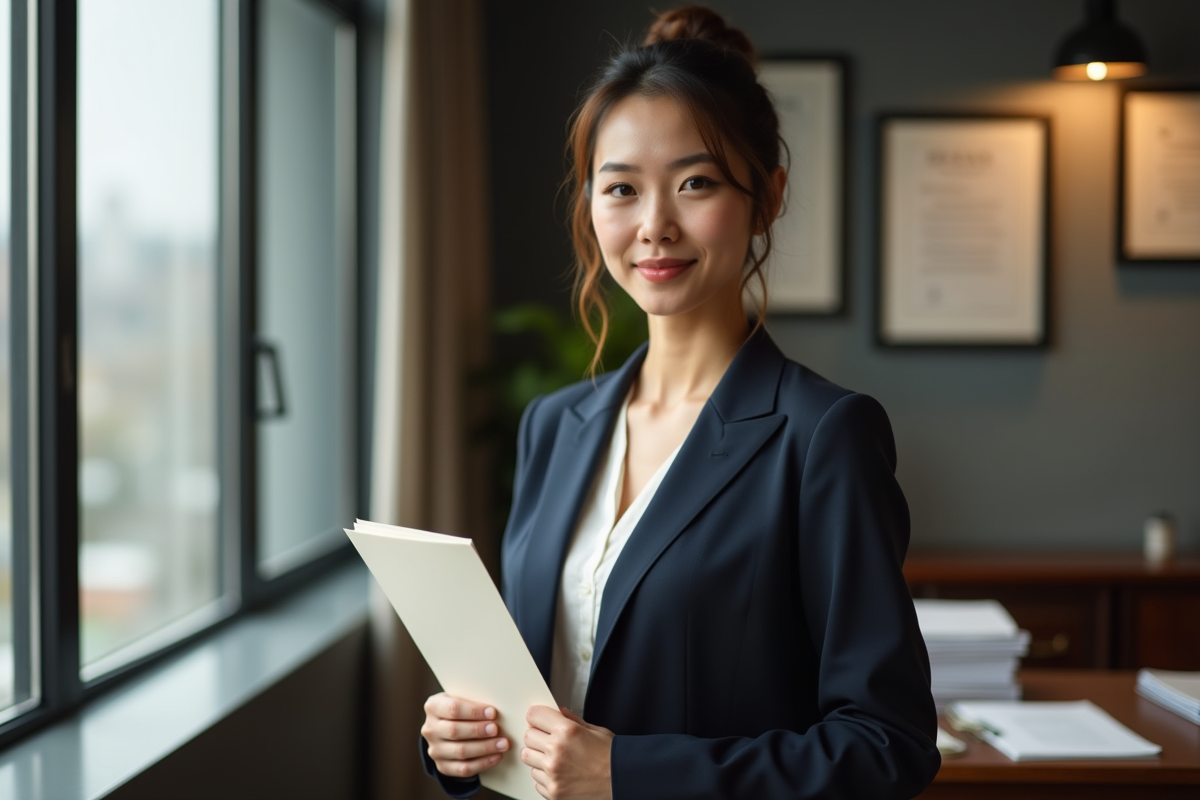 Jeune femme tenant un contrat dans un bureau de droit