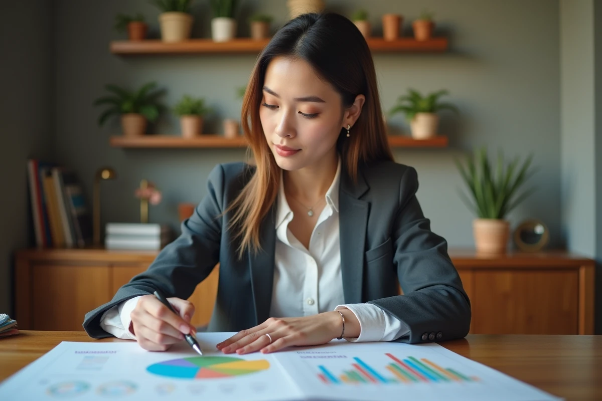 Jeune femme entrepreneure analysant des graphiques dans son bureau