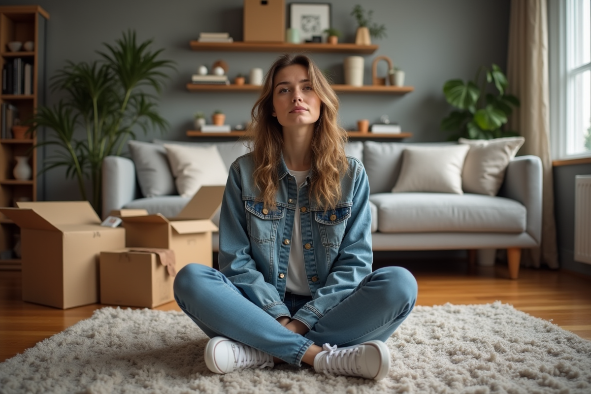 Jeune femme avec gadgets dans un salon cosy