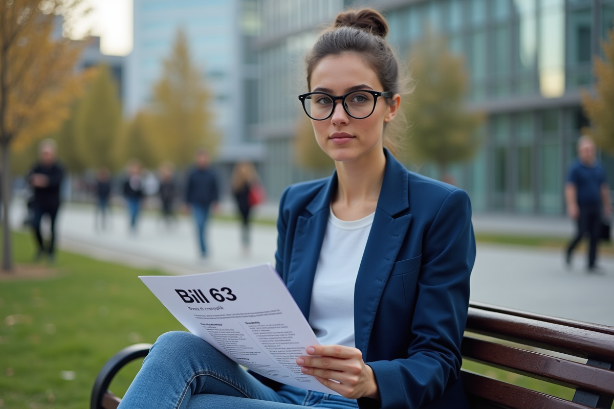 Jeune femme en ville tenant un leaflet Bill 63 sur un banc de parc