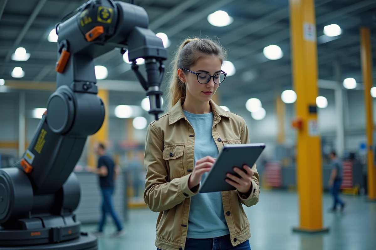 Jeune femme programmant un robot industriel avec une tablette