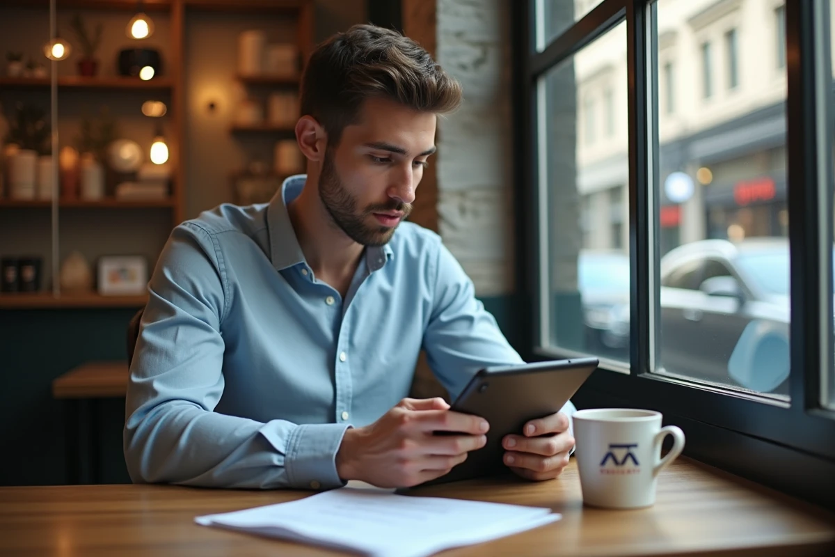 Jeune homme au caf&eacute; g&eacute;rant ses messages sur tablette