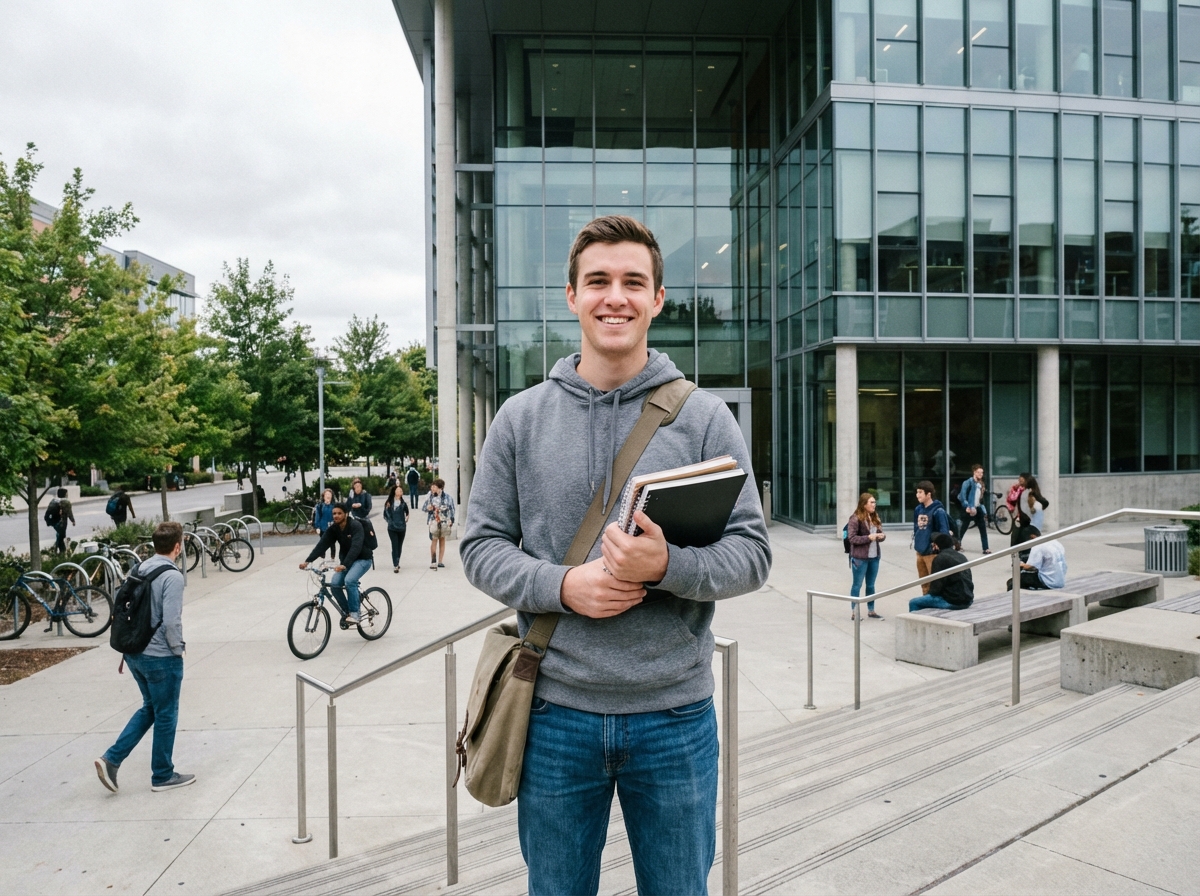 Jeune homme souriant devant un bâtiment universitaire moderne