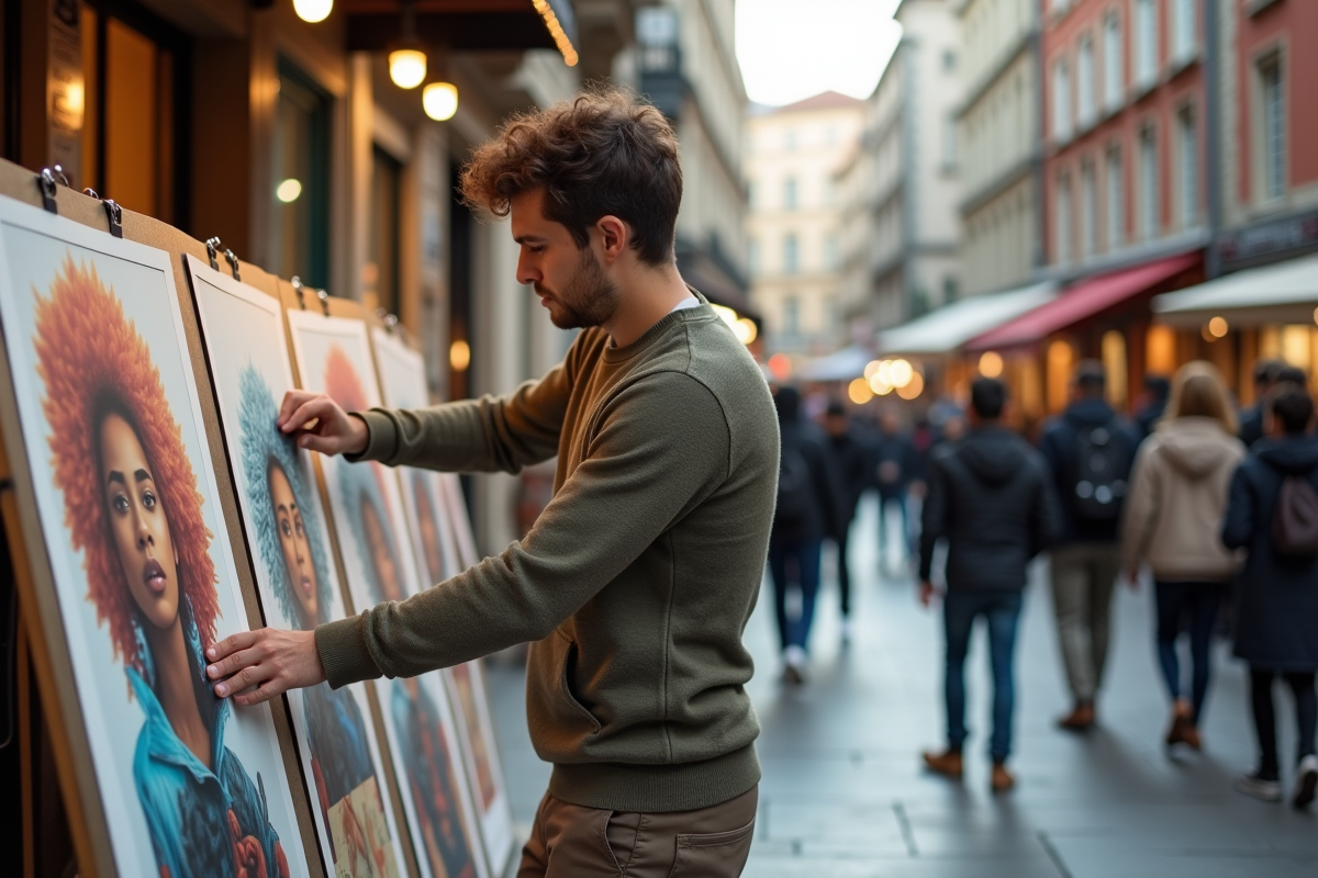 Jeune homme accrochant une affiche dans un marché urbain