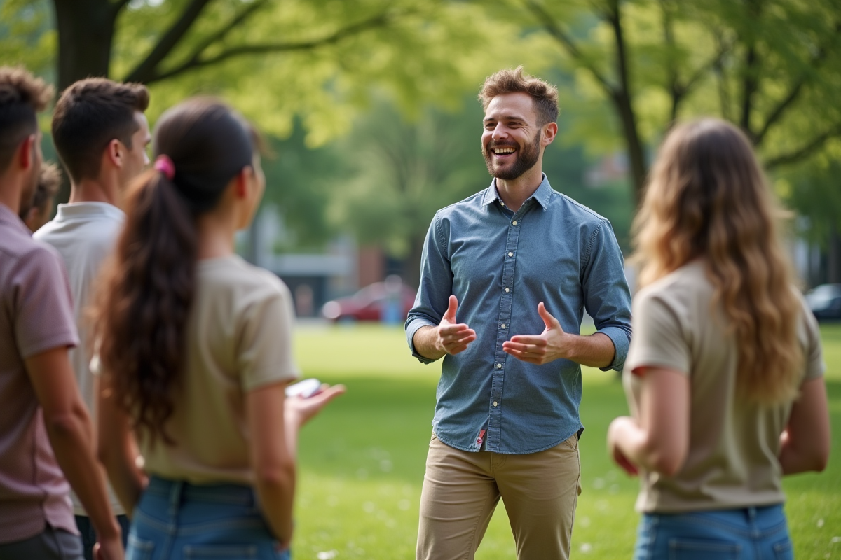 Jeune homme encourageant une équipe en plein outdoor