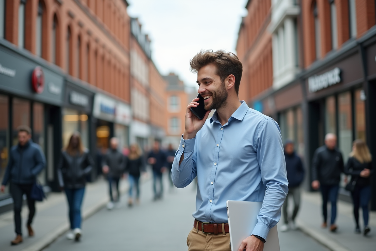 Jeune homme souriant dans la rue avec smartphone et tablette