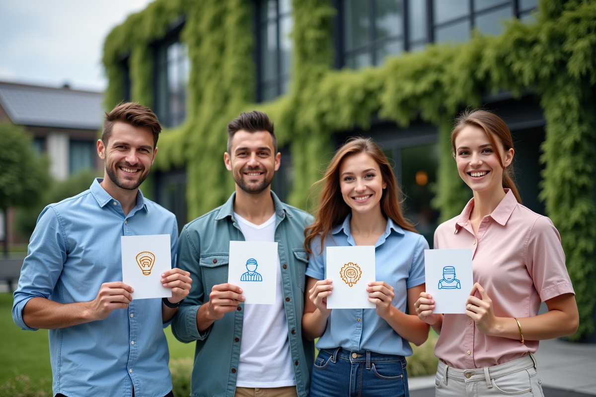 Jeunes entrepreneurs avec icônes CSR devant bâtiment écologique