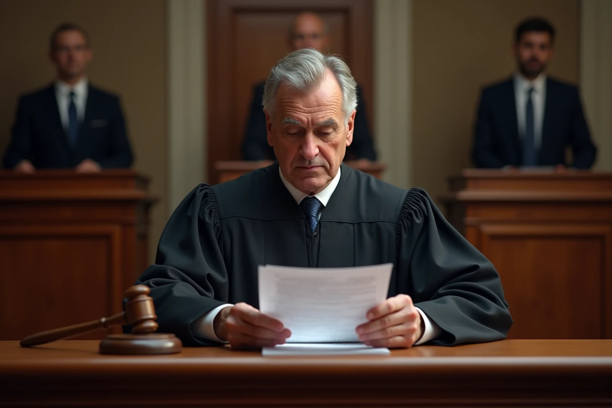 Juge examinant une transcription d'enregistrement dans une salle d'audience, symbolisant le contrôle judiciaire de la légalité des preuves issues de conversations enregistrées