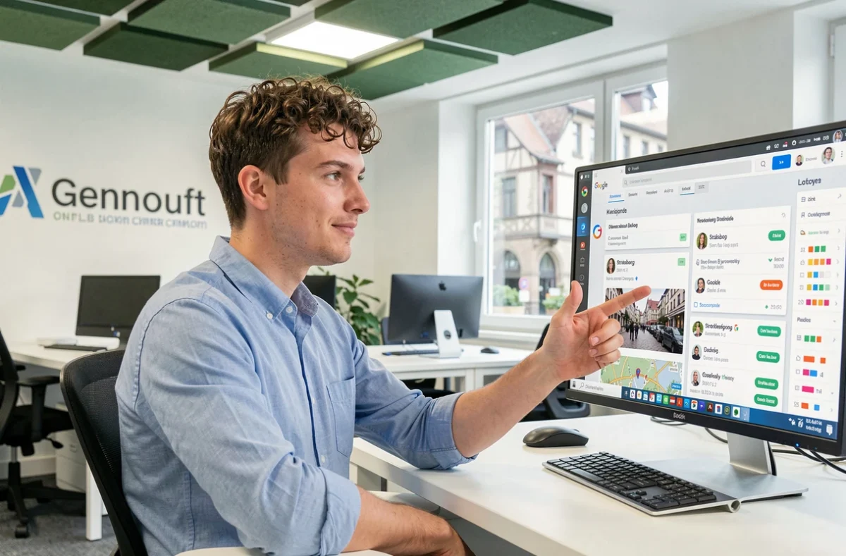 Consultant de Linkeo Strasbourg analysant un tableau de bord SEO local avec des classements de mots-clés et des fiches Google pour des entreprises alsaciennes