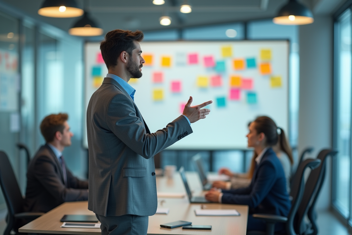 Jeune cadre en costume dans une salle de réunion moderne