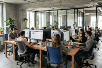 Vue d'ensemble d'une agence de création de sites internet moderne dans le Val-d'Oise avec des équipes collaborant sur des projets web