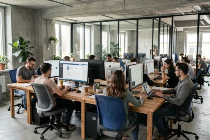 Vue d'ensemble d'une agence de création de sites internet moderne dans le Val-d'Oise avec des équipes collaborant sur des projets web