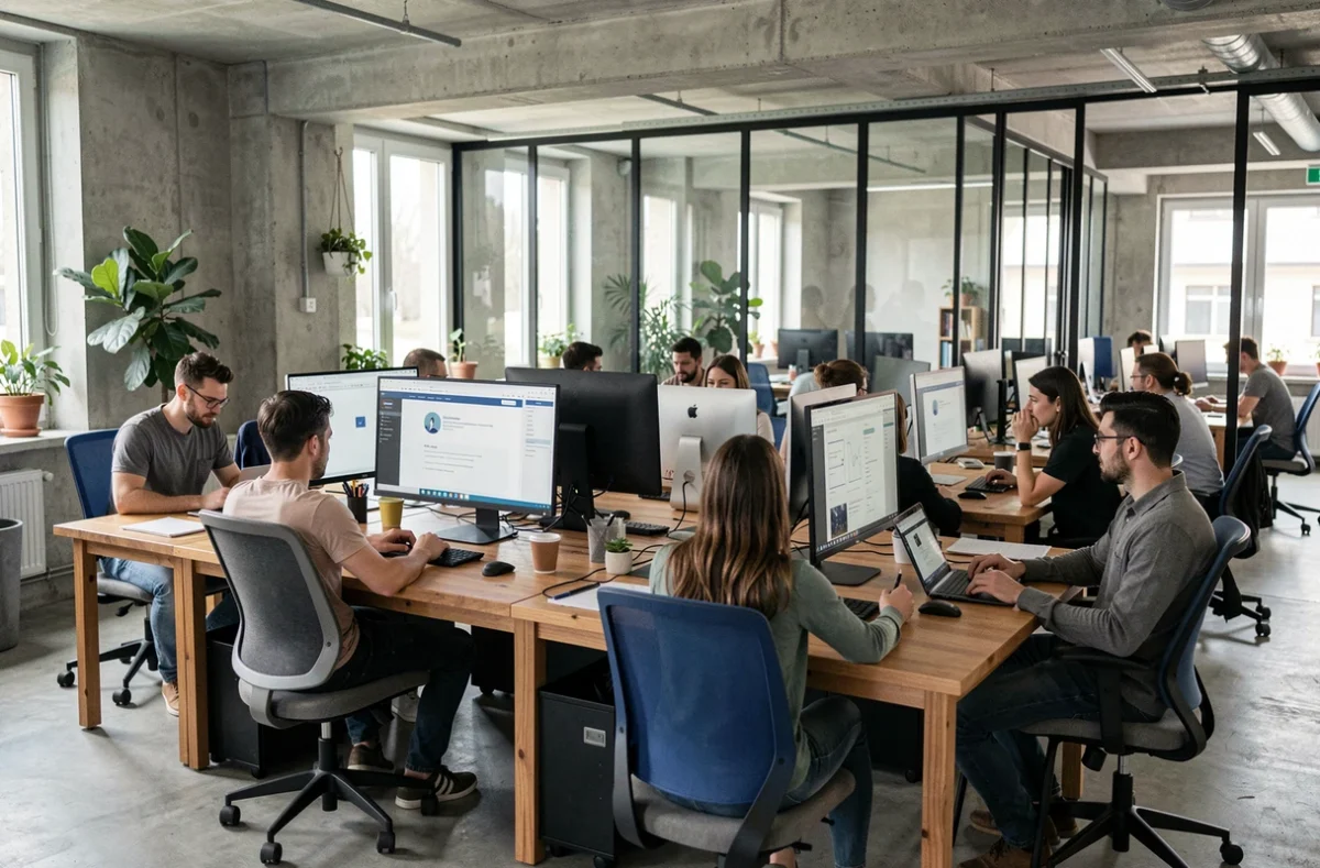 Vue d'ensemble d'une agence de création de sites internet moderne dans le Val-d'Oise avec des équipes collaborant sur des projets web