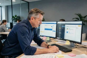 Consultant IT analysant un ancien extranet invendus sur deux écrans pour planifier une modernisation progressive
