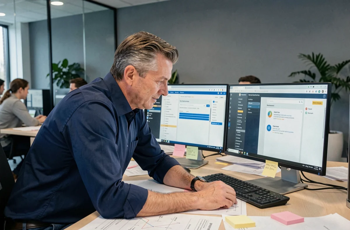 Consultant IT analysant un ancien extranet invendus sur deux écrans pour planifier une modernisation progressive