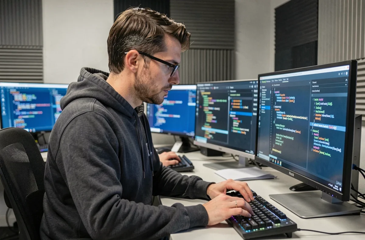 Développeur de Netapsys Val-d'Oise travaillant sur un projet de développement web sur mesure dans son studio