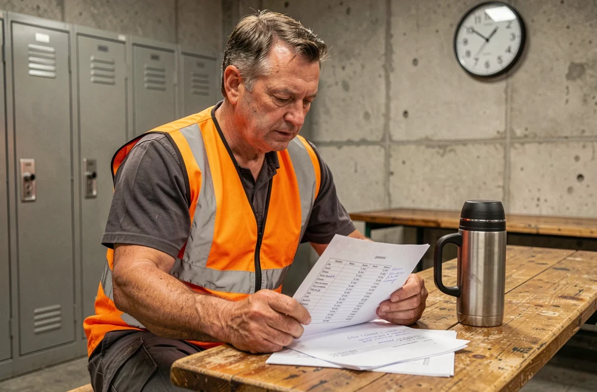 Ouvrier d'usine examinant son planning de travail en horaires de 12 heures dans une salle de pause industrielle