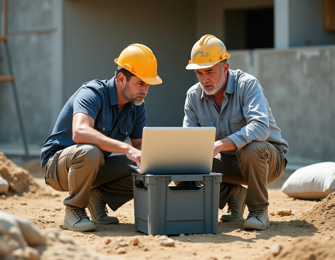 Deux ouvriers du BTP consultant un logiciel de gestion de chantier sur ordinateur portable posé sur un chantier en plein air