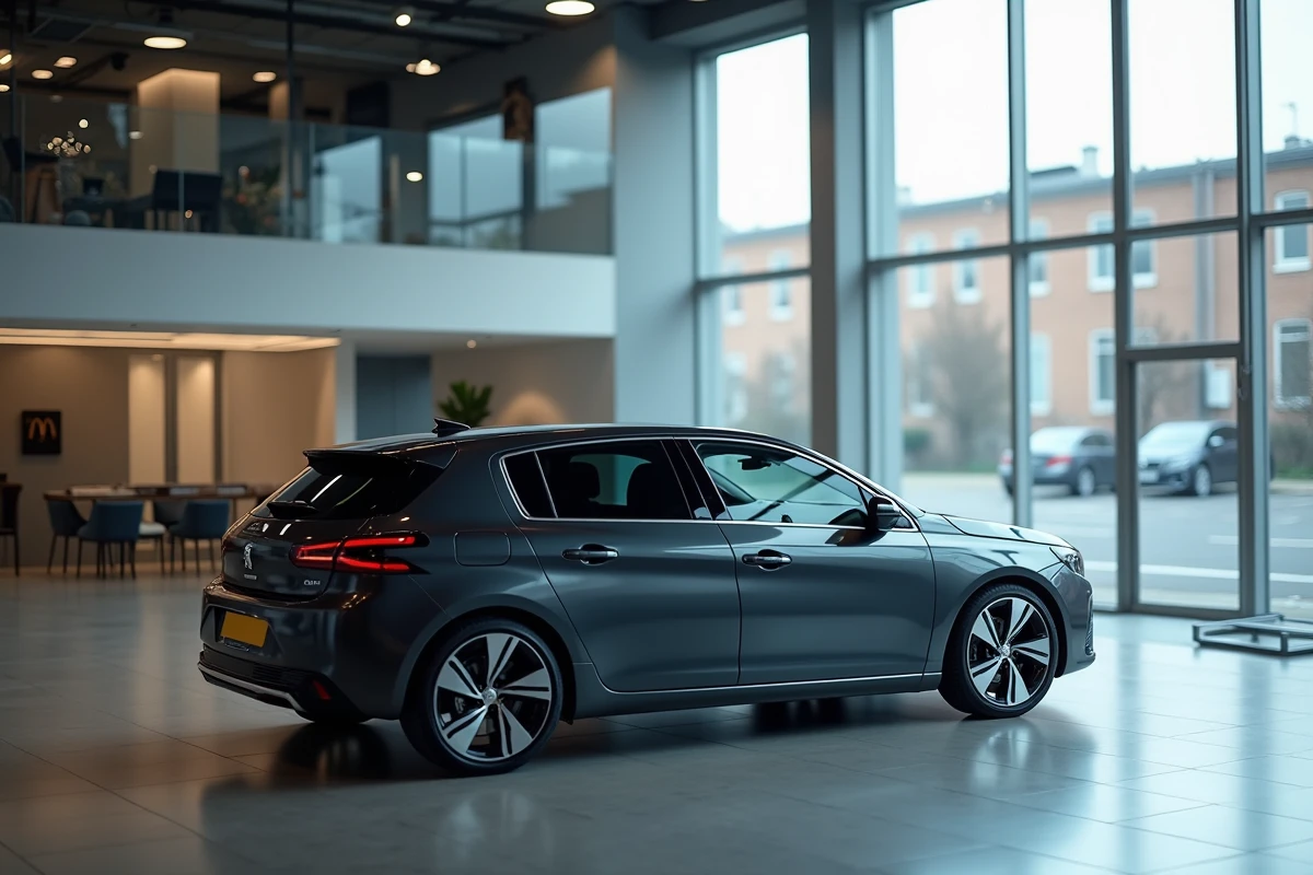Peugeot 308 en showroom moderne sur sol en béton poli, profil élégant, groupe Stellantis plateforme EMP2