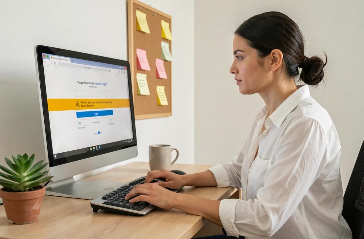 Femme travaillant depuis son domicile face à un problème de connexion et un message d'avertissement sur le portail ebatpro