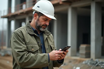 Professionnel du bâtiment consultant une plateforme en ligne sur smartphone sur un chantier de construction