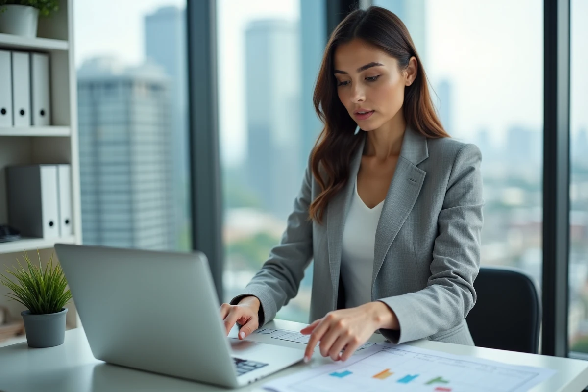 Professionnelle de l'assurance debout à son bureau analysant des indicateurs de production courtage AXA