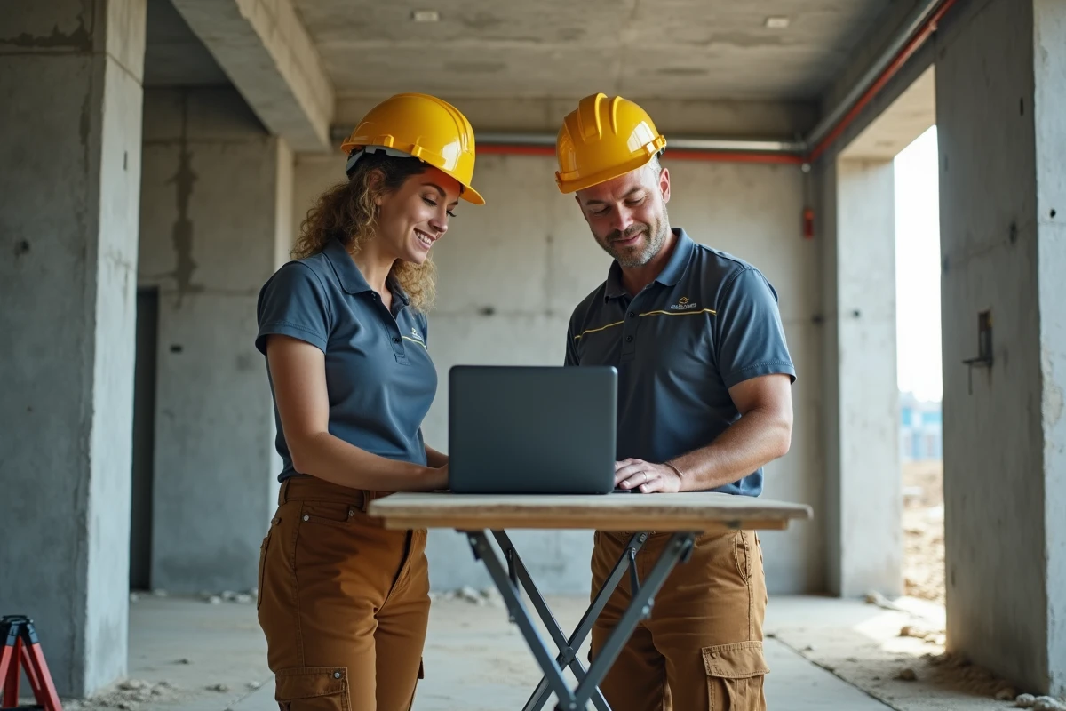 Deux professionnels du BTP consultant une plateforme en ligne sur ordinateur portable dans un bâtiment en construction