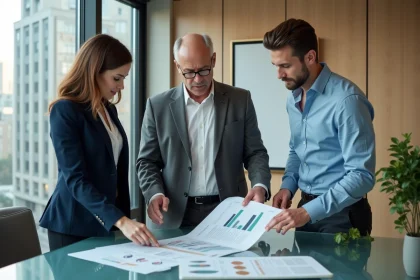 Trois professionnels en réunion autour de graphiques ESG