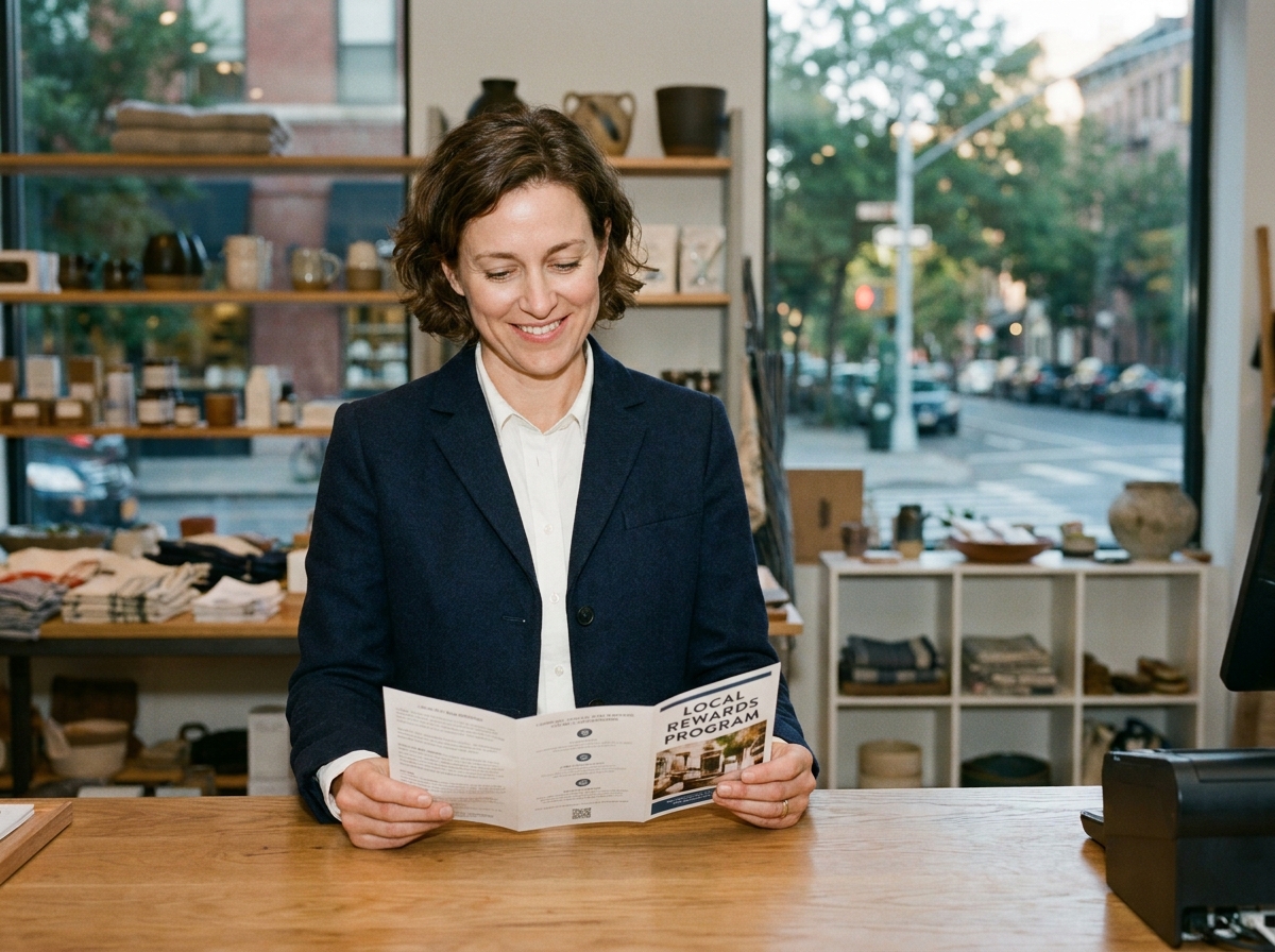 Propriétaire d'une PME étudiant un programme de fidélité dans sa boutique moderne