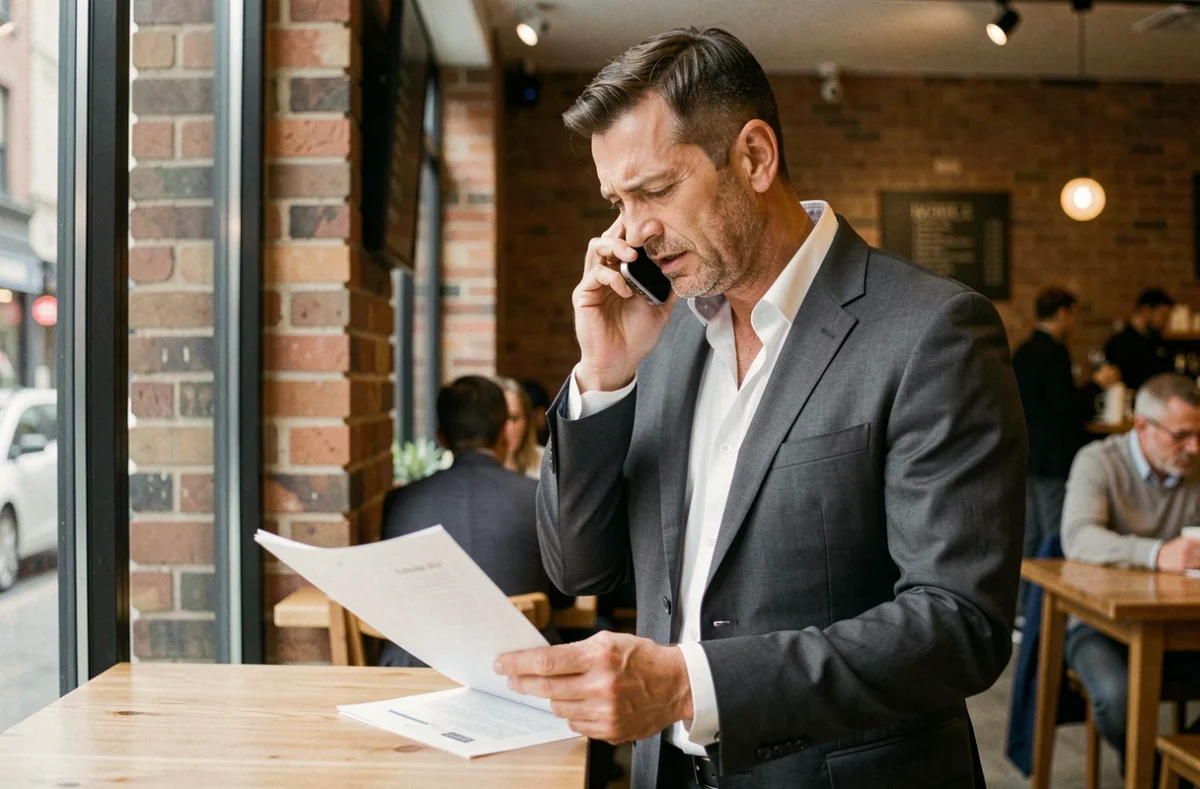 Homme d'affaires en costume gris qui contacte un client important depuis un café urbain après avoir reporté un rendez-vous