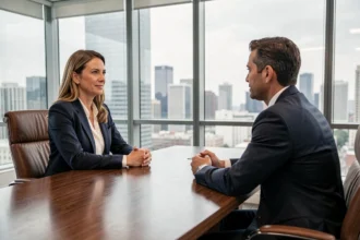 Professionnelle en blazer marine qui s'explique calmement à un client en costume sombre dans une salle de réunion moderne avec vue sur la ville