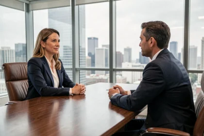 Professionnelle en blazer marine qui s'explique calmement à un client en costume sombre dans une salle de réunion moderne avec vue sur la ville